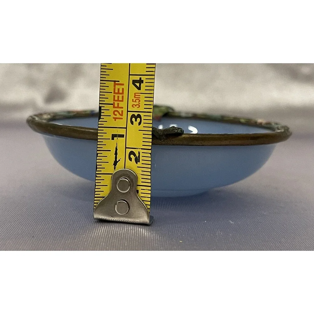 Vintage Small Blue Glass Bowl / Ashtray with Cooper Ring Painted Enameled Leaves